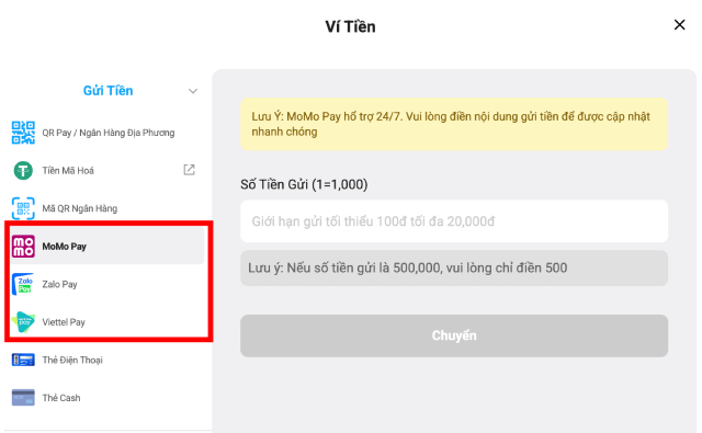 Cách gửi tiền Fun88 bằng ví điện tử