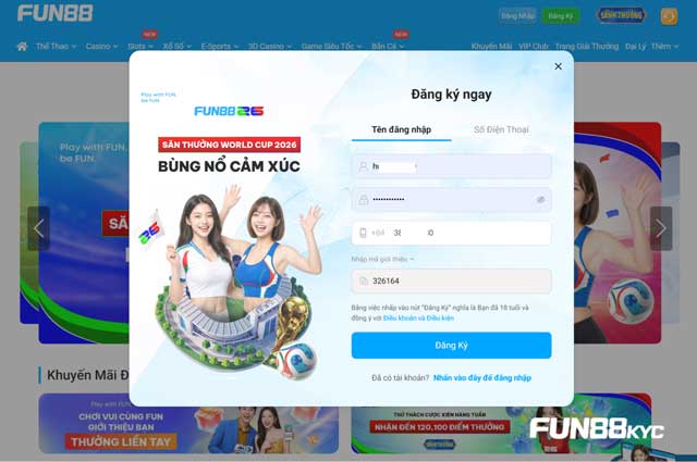 Thực hiện đăng ký Fun88
